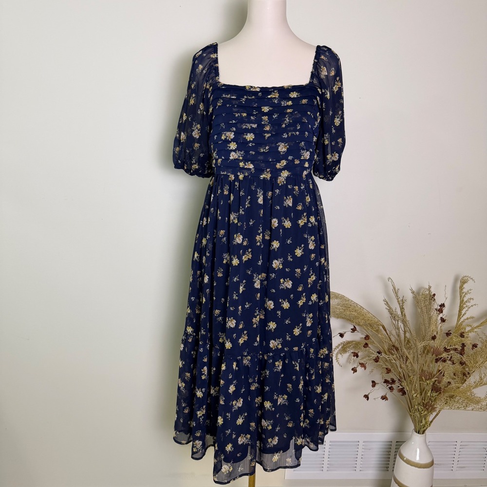 LC Lauren Conrad Floral Square Neck Puff Sleeve Midi Dress Medium Navy Blue